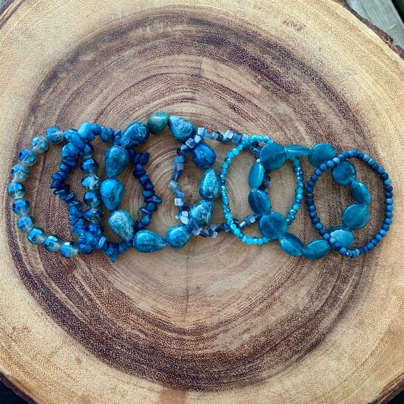 Natural Blue Gray Apatite, Jasper & Moonstone Gemstone Mix Bead Bracelet Stack - Picture 11 of 13